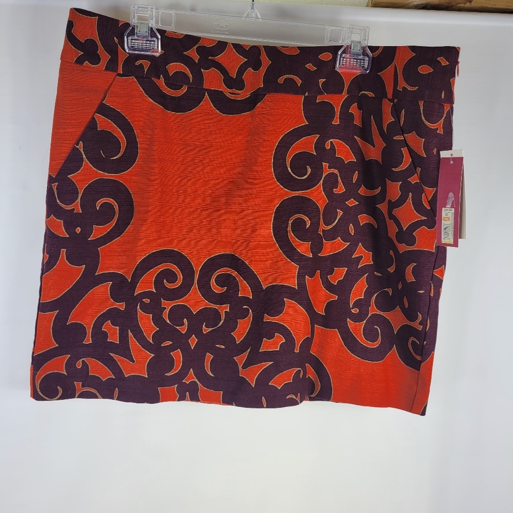 NWT Merona Orange Black Scroll Print Mini Skirt Size 16 Fun Eye Catching - Picture 1 of 8